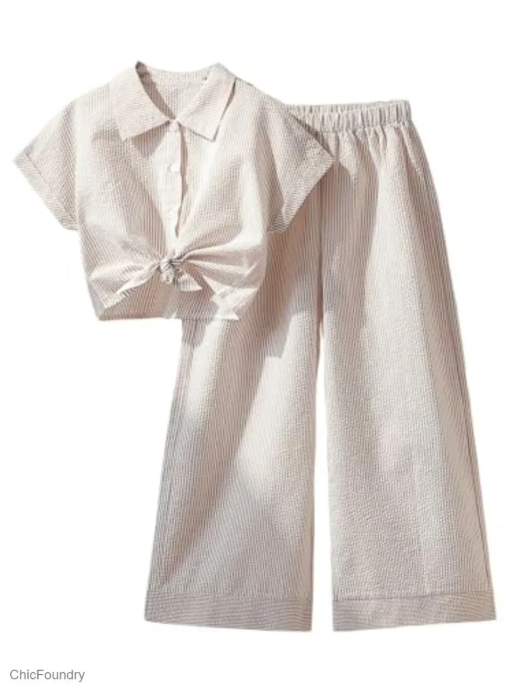 Striped Cuffed Sleeve Shirt & Wide Leg Pants Set, Summer Casual 2-Piece